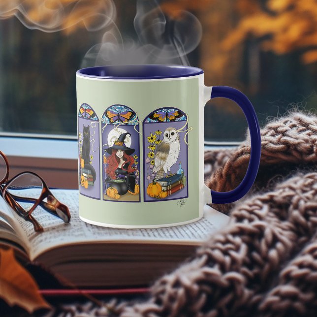 Art nouveau Witch Uggla Cat Halloween Mugg (Skapare uppladdad)