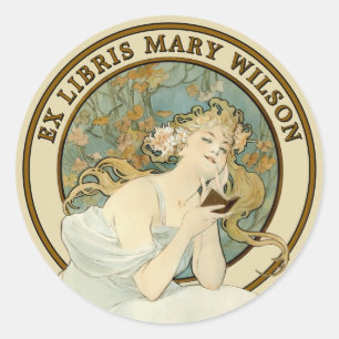 Art nouveau Woman & Bok Mucha Ex Libris-mall Runt Klistermärke