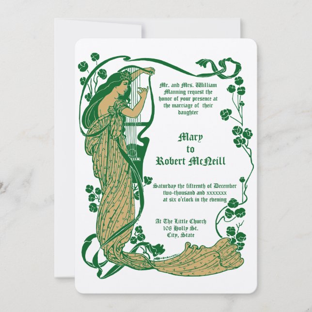 Art nouveau Woman & Harp i Ro Bröllop Inbjudningar (Framsida)