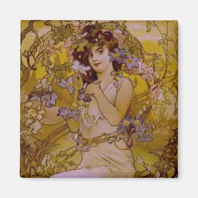 Art nouveau Woman med Clematis Magnet (Framsidan)