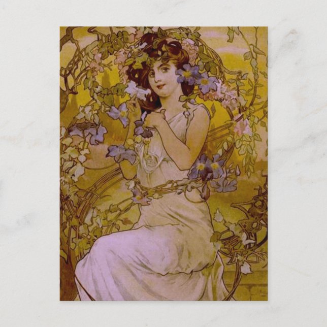 Art nouveau Woman med Clematis Vykort (Framsida)