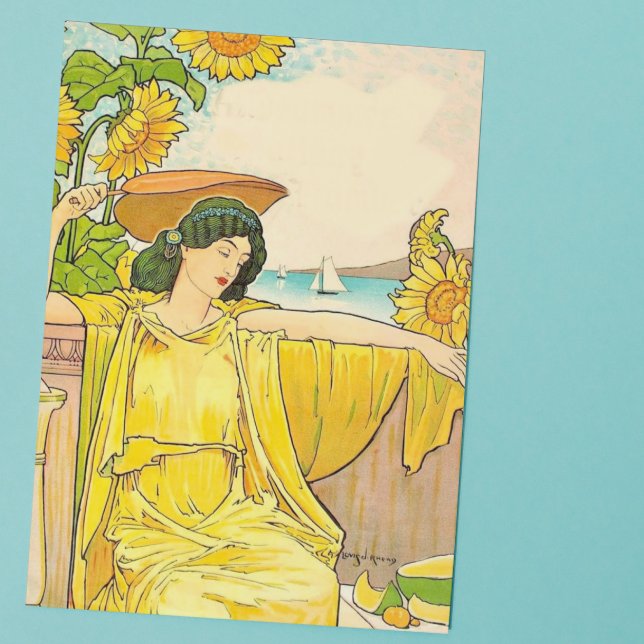 Art nouveau Woman med solblommor Anteckningskort (Skapare uppladdad)