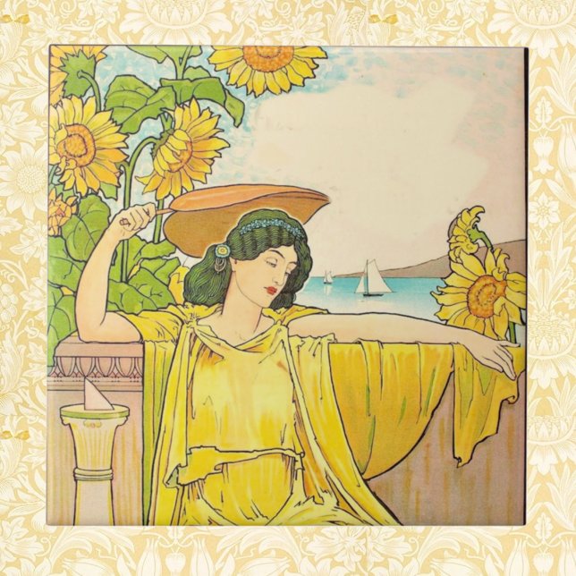 Art nouveau Woman med solblommor Kakelplatta (Skapare uppladdad)