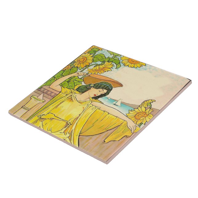 Art nouveau Woman med solblommor Kakelplatta (Sidan)