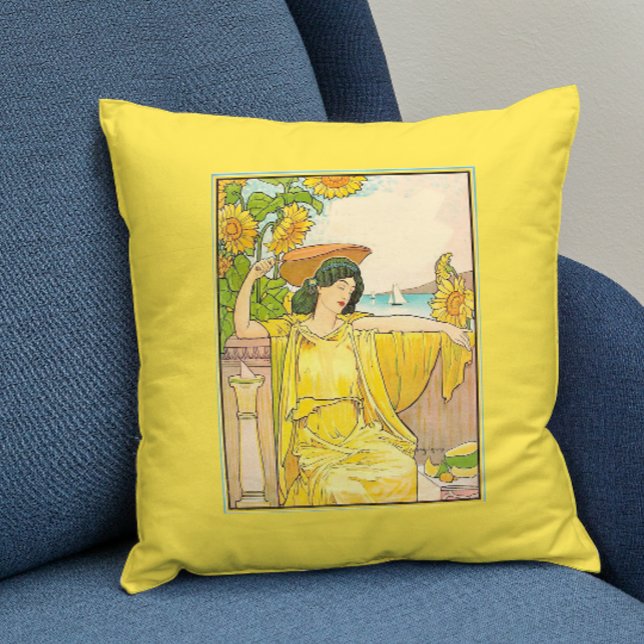 Art nouveau Woman med solblommor Kudde (Skapare uppladdad)