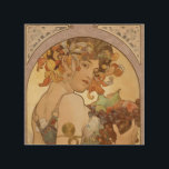 Art nouveau Woman Mucha BeSnyval Trätavla<br><div class="desc">En vacker kvinna - Denna vackra art nouveau-design är av Alfonse Mucho,  kallad "Fruit",  som målades 1897. Det visar en vacker art nouveau-flicka som håller en pansarmassa av frukt - druvor,  päron,  äpplen. I hennes hår är orange blommor. Alphonse Mucha - Art nouveau - Vintage Woman</div>
