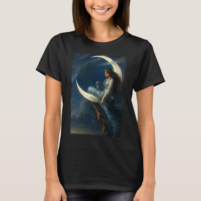 Art Nouveau Woman on Crescent Moon T Shirt (Framsida)