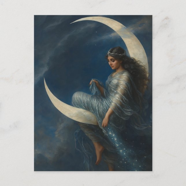 Art Nouveau Woman on Crescent Moon Vykort (Framsida)