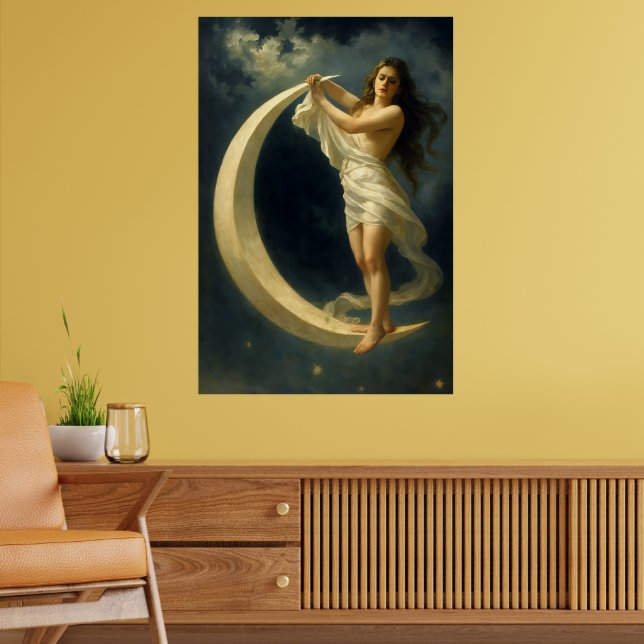 Art Nouveau Woman Riding On A Crescent Moon Poster (Vardagsrum 2)