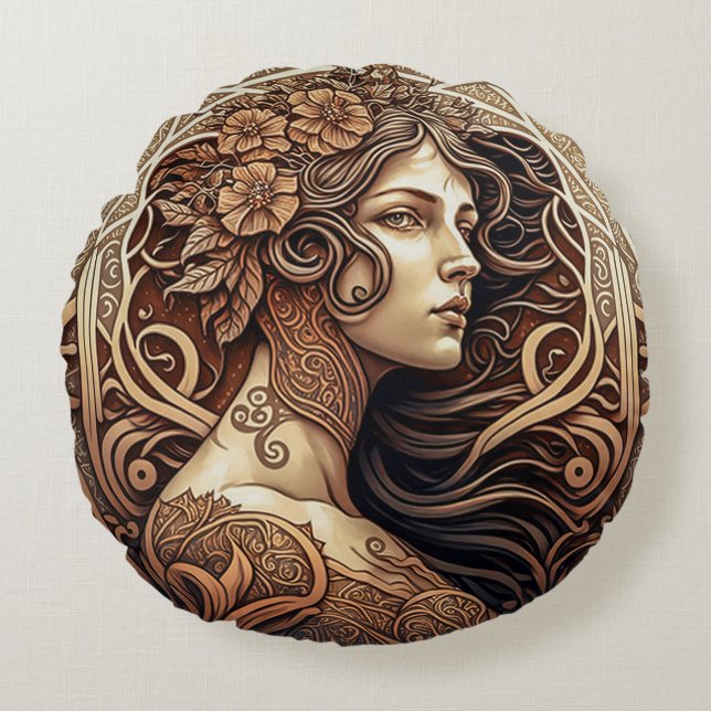 Art nouveau Woman Round Dekorativ kudde (16 tum) (Framsidan)