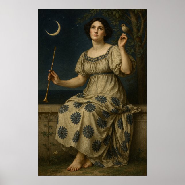 Art Nouveau Woman With Clarinet and Crescent Moon Poster (Framsidan)