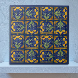 Art Nouveau Yellow Tulip n Royal Blue Tile Pattern Kakelplatta