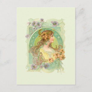 Art nouveau Young Woman Girl med Stars Flowers Vykort