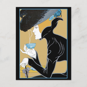 Art nouveaudam som dricker Tea Vykort