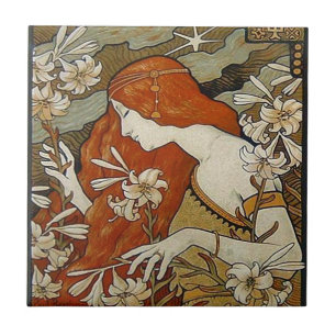 Art nouveaudamen blommar blom- kvinnavintage kakelplatta
