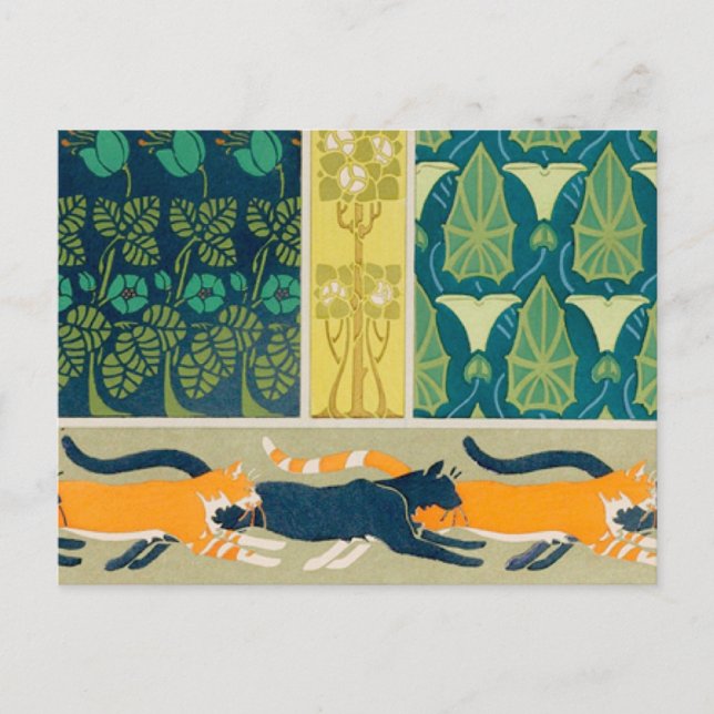 Art nouveaukatter och blommor vykort (Framsida)