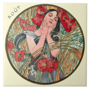 Art nouveauMucha kalender Augusti Kakelplatta