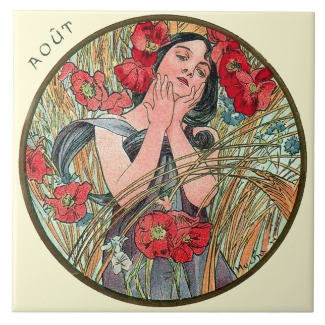 Art nouveauMucha kalender Augusti Kakelplatta (Framsidan)