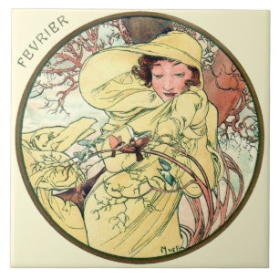 Art nouveauMucha kalender Februari Kakelplatta