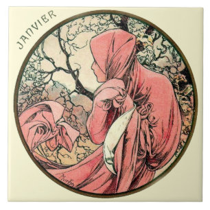 Art nouveauMucha kalender Januari Kakelplatta
