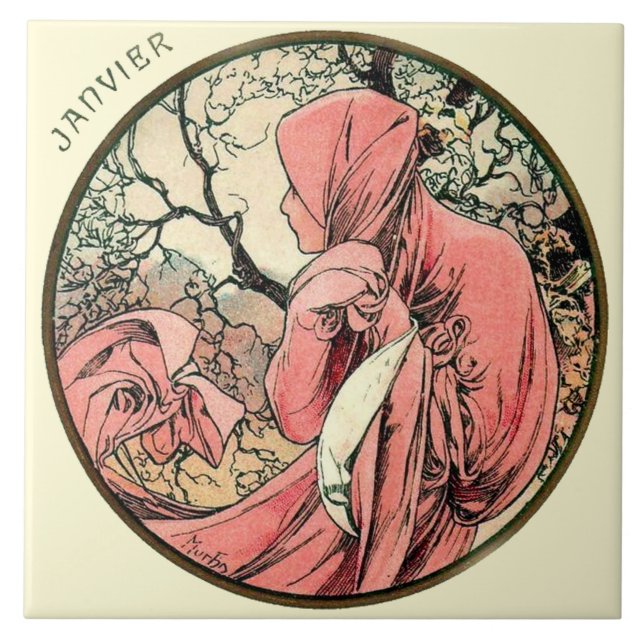 Art nouveauMucha kalender Januari Kakelplatta (Framsidan)