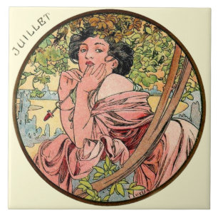 Art nouveauMucha kalender Juli Kakelplatta