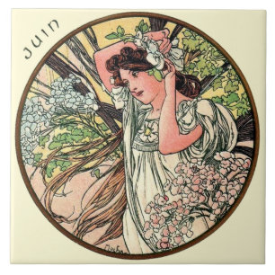 Art nouveauMucha kalender Juni Kakelplatta
