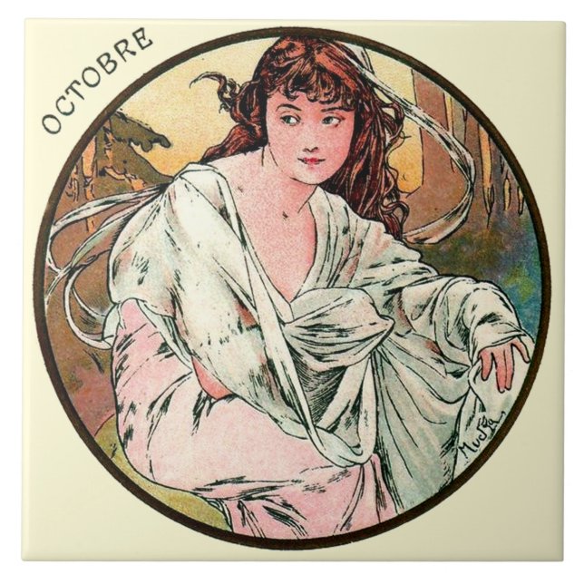 Art nouveauMucha kalender Oktober Kakelplatta (Framsidan)