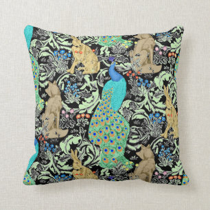 Art nouveaupåfågel, turkos & neutralter kudde