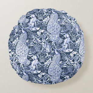 Art nouveaupåfågeltryck, marin och vit rund kudde