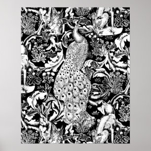 Art nouveaupåfågeltryck som är svartvitt poster