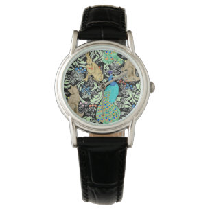 Art nouveaupåfågeltryck, turkos & neutralter armbandsur