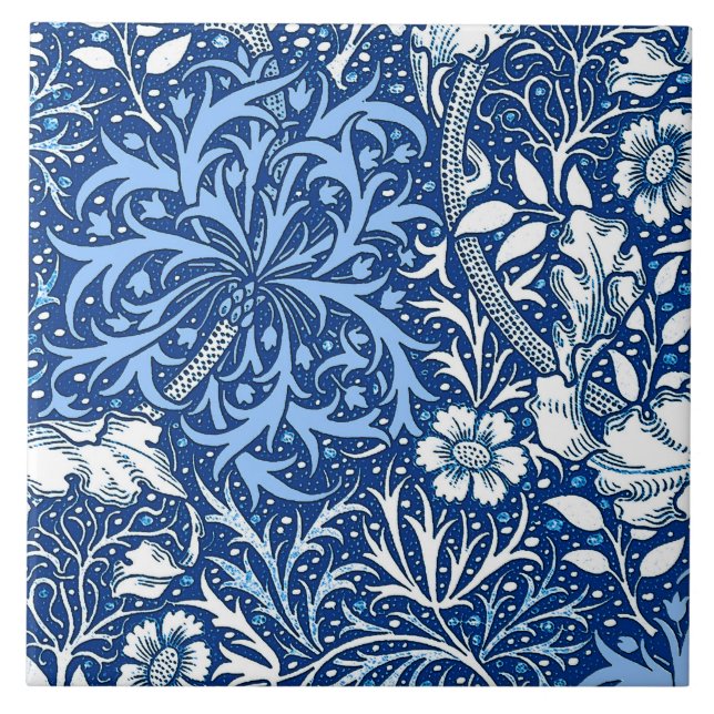 Art nouveausjögräsblommigt, koboltblått och vit kakelplatta (Framsidan)