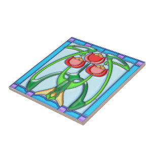 Art nouveautulpanmålat glass kakelplatta