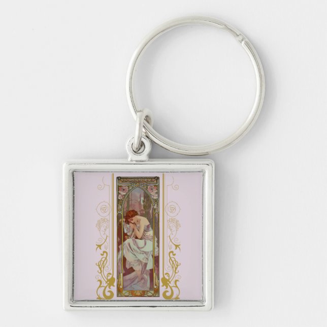 Art Noveau Night's Rest av Alphonse Mucha Fyrkantig Silverfärgad Nyckelring (Framsidan)