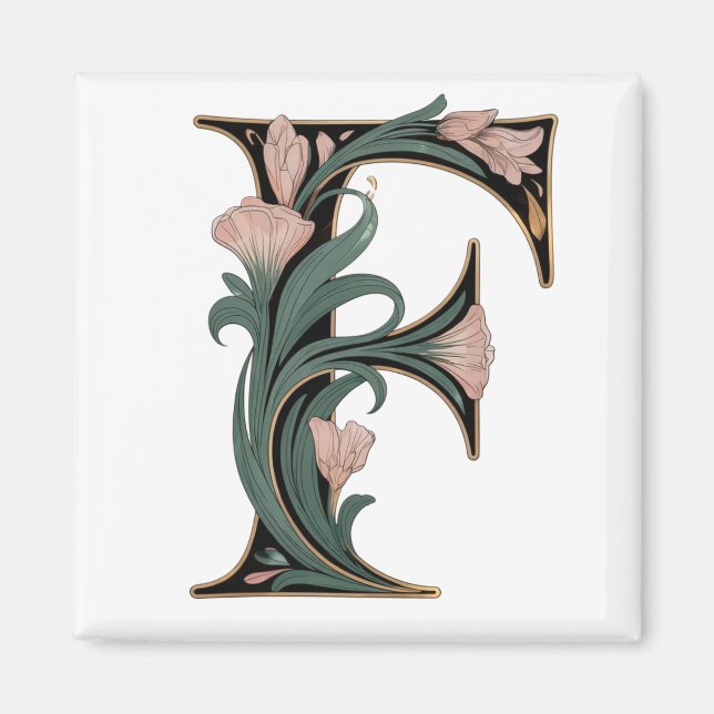 Art Nuevo Rosa och Grön Bokstav F Magnet (Framsidan)