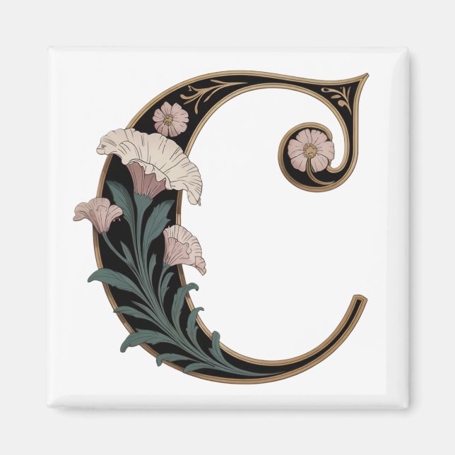 Art Nuevo Svart och Guld Bokstav C Magnet (Framsidan)