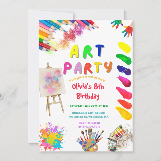 Art Party Birthday Colorful Rainbow Paint Inbjudningar (Framsida)