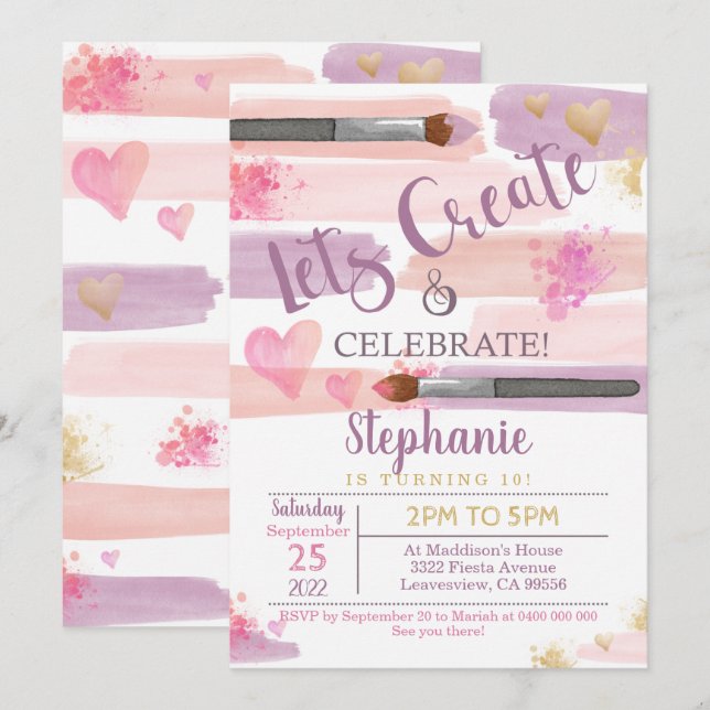 Art Party på födelsedagsinbjudan Flickmålning Part Inbjudningar (Fram/baksida)