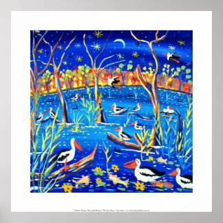 Art Print: Banrock Station Pelicans, Gums, Måne Poster