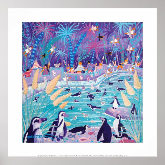 Art Print: Lila Penguin Party Poster (Framsidan)