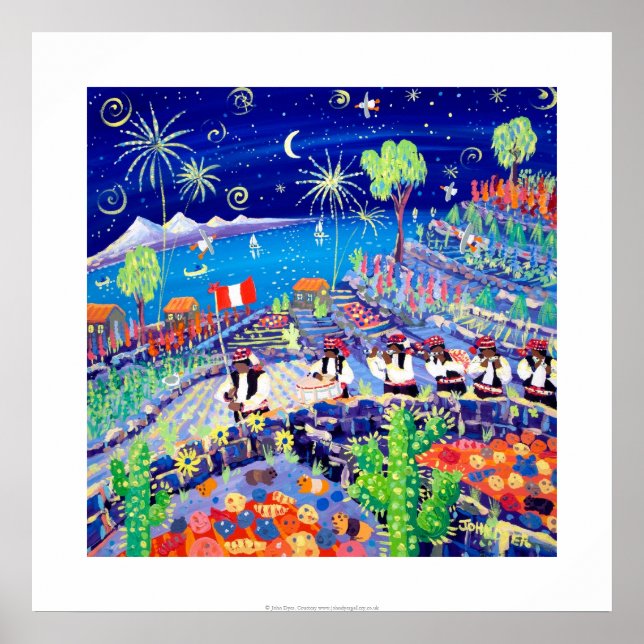 Art Print: Pachamama Pipers, Peru. Isla Taquile Poster (Framsidan)