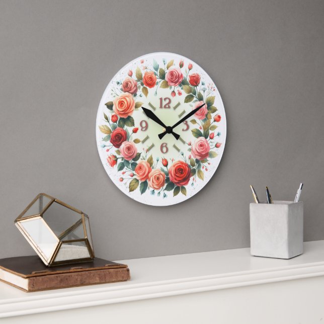 Art Print Watercolor Roses Wreath Stor Klocka (Kontor)