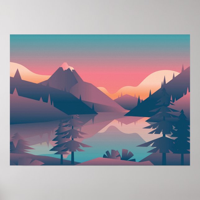 Art - Solnedgång med berg och träd - Poster (Framsidan)