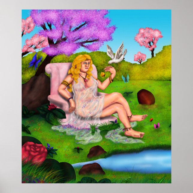 Art Venus och flygande vit duva i Garden Eden Poster (Framsidan)