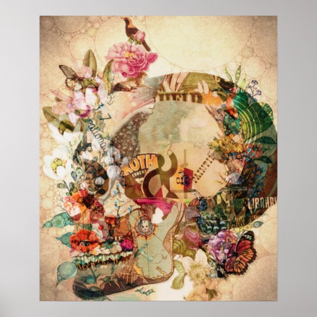 Art Vintage Sugar Skullblommor Poster (Framsidan)