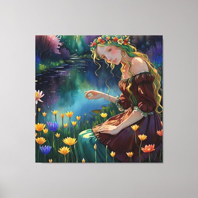 *~ Art Woman Waterfall Plocka Flower Pond AP56 Canvastryck (Framsida)