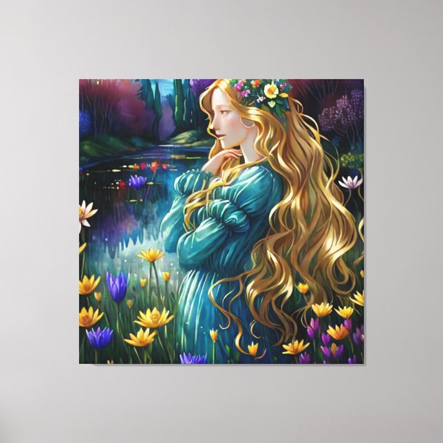 *~ Art Woman Waterfall Pond Vild Flowers AP56 Canvastryck (Framsida)