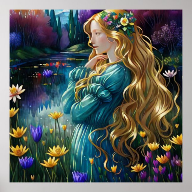 *~ Art Woman Waterfall Pond Vild Flowers AP56 Poster (Framsidan)