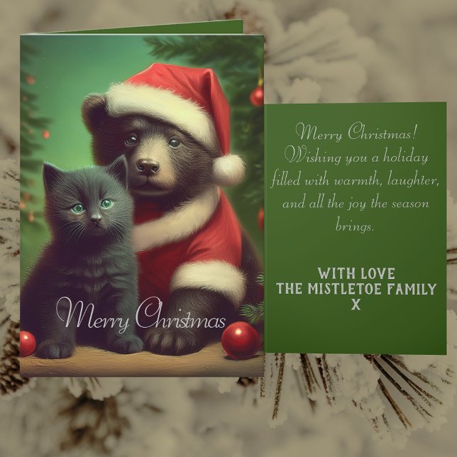 Artan & Pip | Whimissiskt björn och julklapp Helgkort (A vintage style victorian inspired Santa hat bear Father Christmas Black Cat family holiday card)